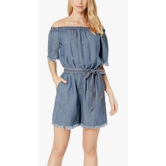 Trina Turk Pants - Trina Turk The Keys off the shoulder linen blend Chambray  Romper Blue Size XS